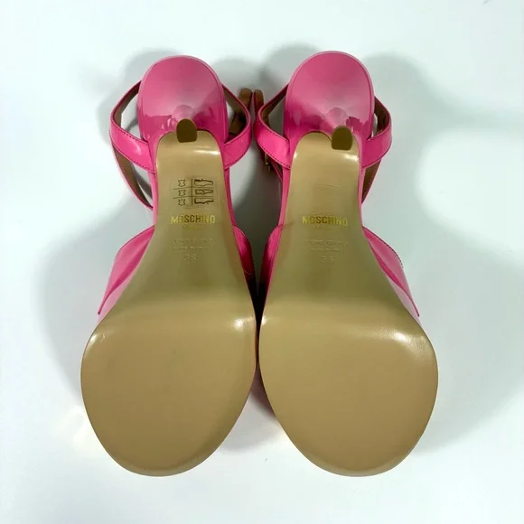Moschino Logo Leather Platform Stiletto Sandals Heels Pink Gold NEW